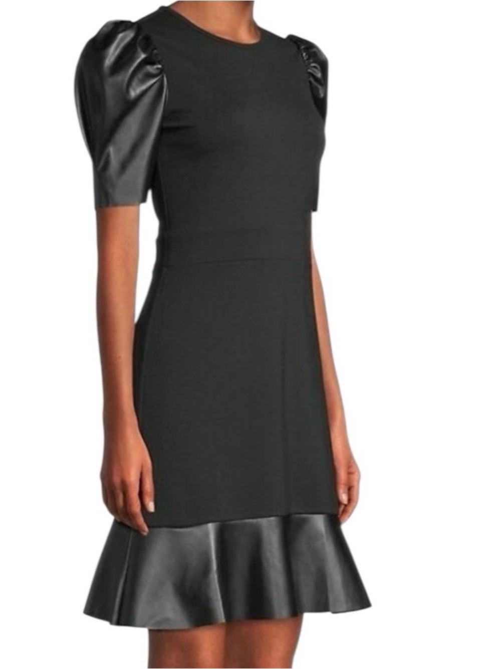 Michael Kors Black Puff-Sleeve Dress with Faux-Leather Hem